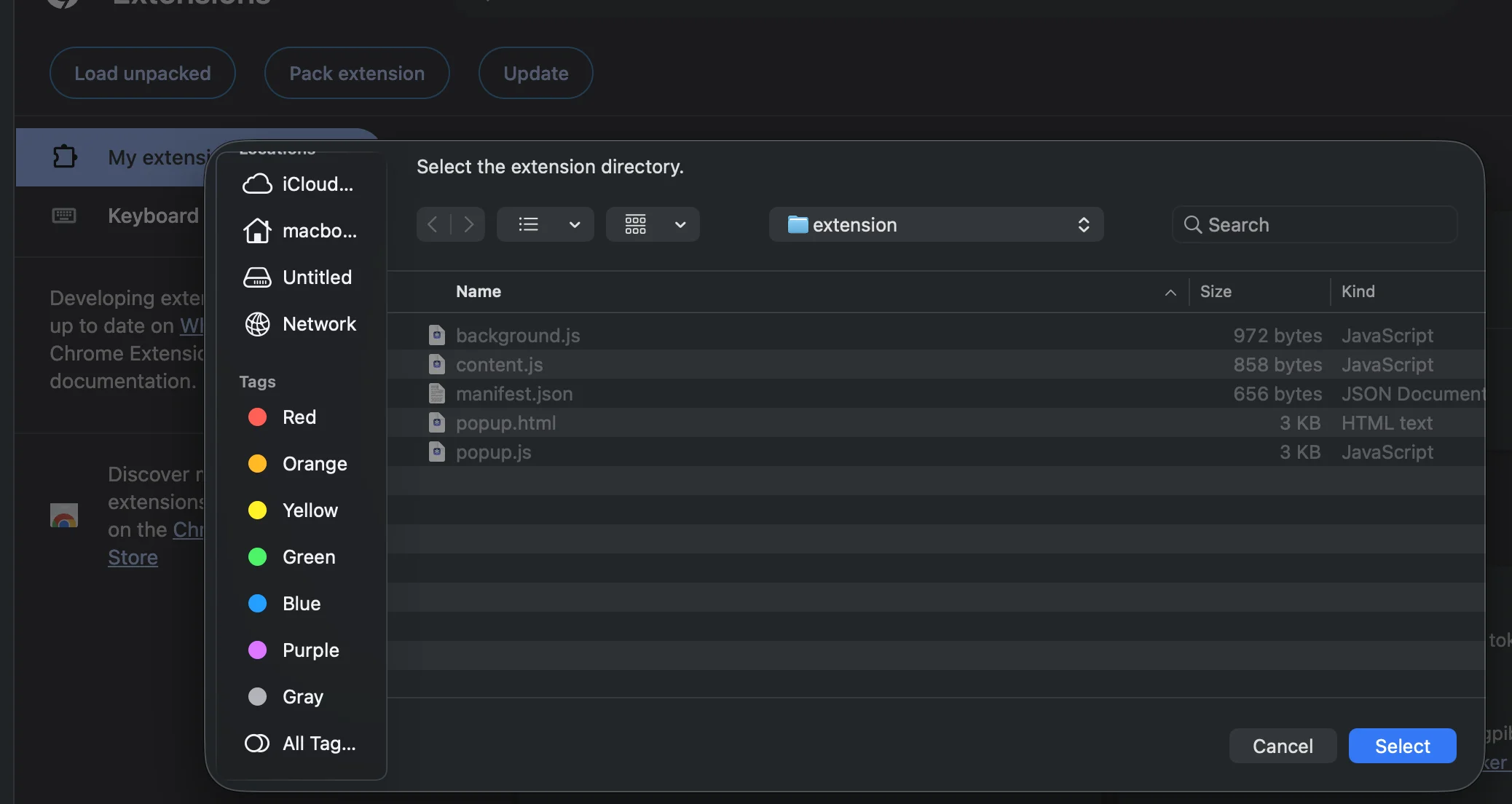 Dialog pilih folder extension